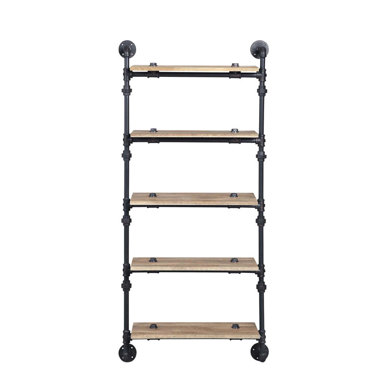 Tablette flottante murale à 5 niveaux avec tube en métal, finition chêne, aspect de conduite d'eau, idéale pour la décoration de bureau et le rangement, l 9 po de largeur, cadre de 12 po, style, présentoir de rangement, tablette