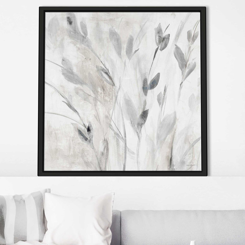 "Grey Misty Leaves Square I (Square)" par Lanie Loreth, Reproduction avec cadre flottant, H 27,5 po x l 27,5 po, Noir