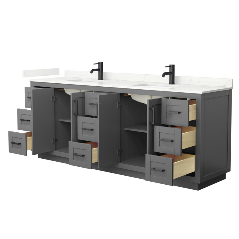 Meuble-lavabo double autoportant de 84 po avec plateau en quartz Miranda, Giotto Quartz, Gris foncé, Noir mat