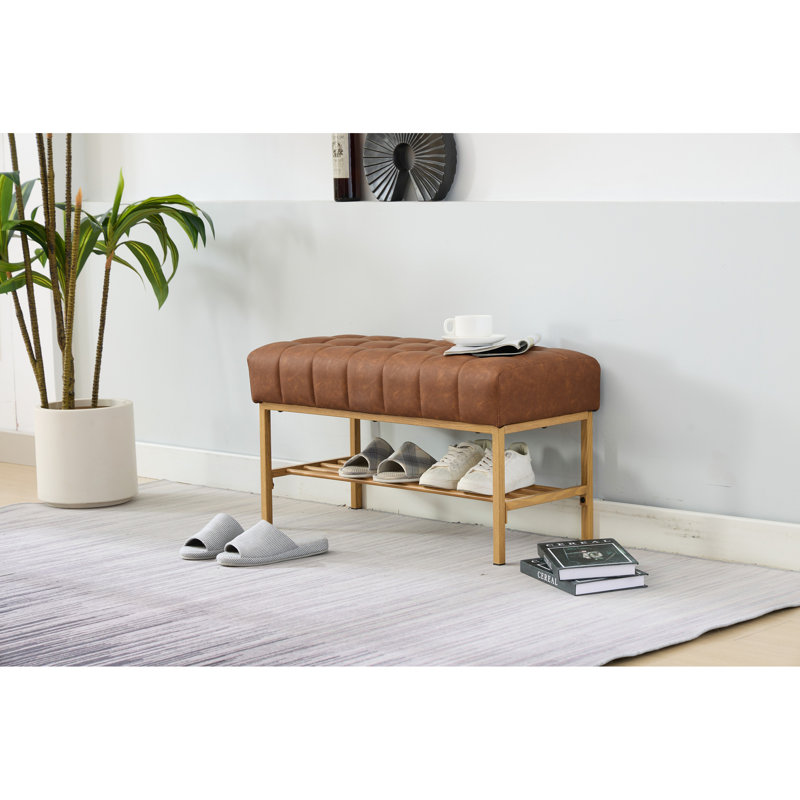 Upholstered Shoe Storage Bench With Cushioned Seat, End Of Bed Bench With Open Shelf And Metal Legs For Entryway, Brown