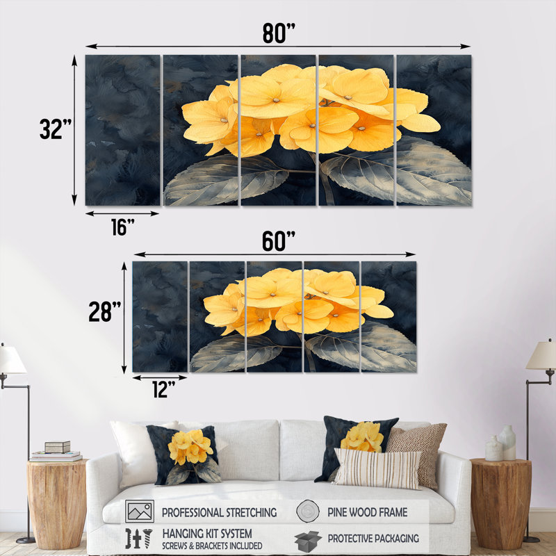 Jaune hydrangée jaune Focus I - Hortensia Wall Art - Art mural traditionnel pour le salon, H 32 po x l 80 po, 5