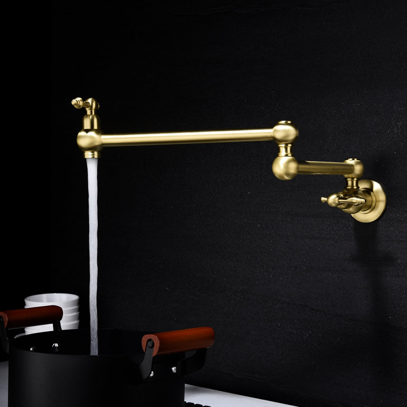 Gold Brass Pot Filler Faucet Wall Mount With Arm Design For Optimal Function, Double Handles Precise Water Flow Control, Corrosion Surface Preservation Mechanism, Serene And Non-Disruptive Aerator