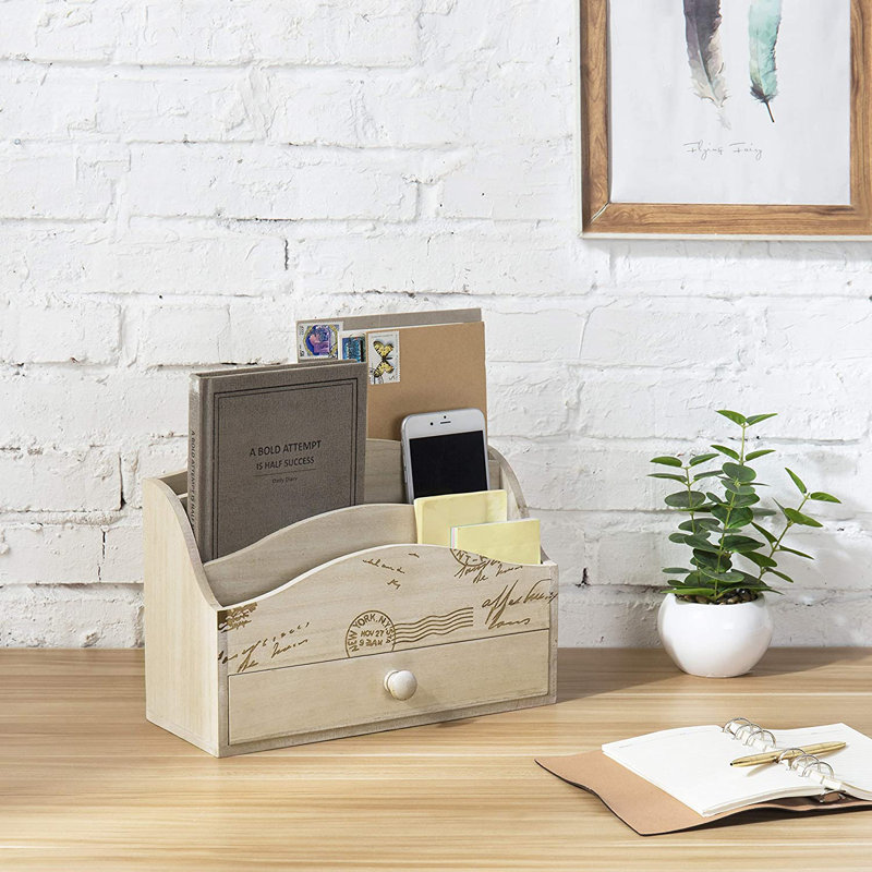 Lauer Solid Wood Whitewashed Office Desktop Organiser with Drawers