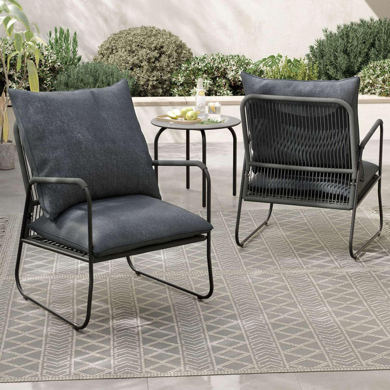 3-Piece Garden Conversation Set,Breathable Woven PE Rattan Chairs with Washable Cushions & Round Metal Coffee Table, Grey