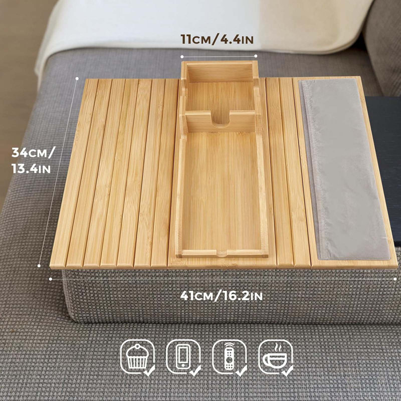 Couch Cup Holder Tray,4 In 1 Couch Arm Table With Side Storage Pocket,Couch Arm Tray Anti-Slip, Bamboo Couch Table For Drinks, Snacks, Cup, Remote And Phone For Most Armrests On Couches