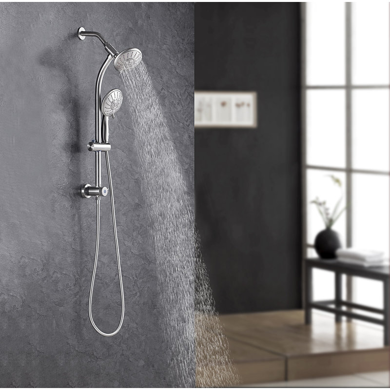 Double Rain Shower Set 5 Setting Hotel Spa Dual Bathroom Shower Heads Handheld Combo Shower Set With Adjustable Slide Bar And Stainless Steel Hose