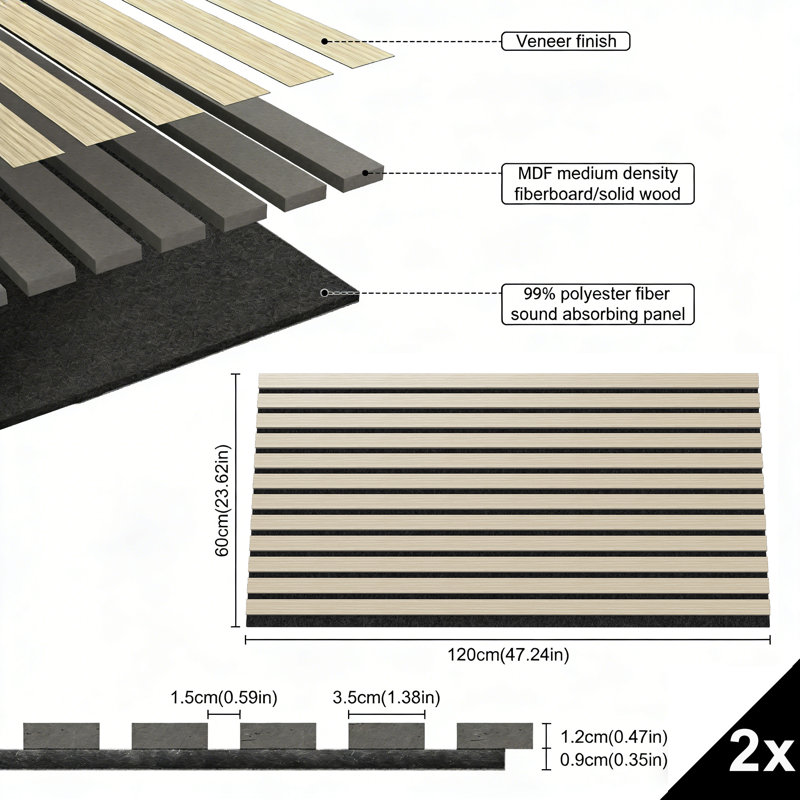 2pcs Acoustic Wall Panels 120x60cm Sound Proofing Panels Acoustic Panels Wood-effect Finish Sound Absorption Pannelling for Conference Rooms Recording Studios Cinemas & Home cinemas