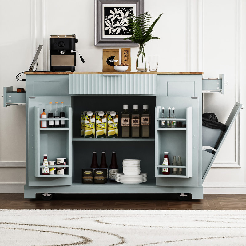 Îlot de cuisine cannelé avec poubelle, Gris bleu