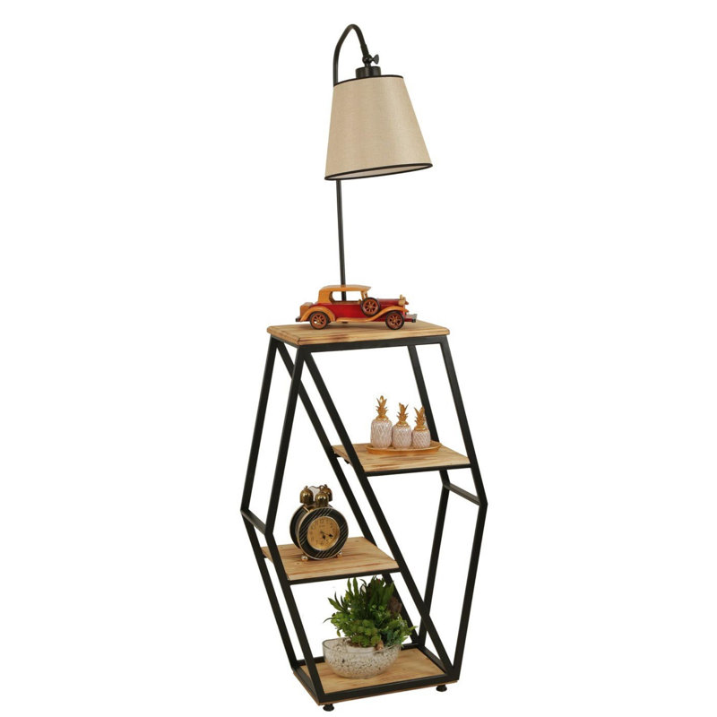 Lampe sur pied élégante avec bibliothèque 100% bois de sapin Luro, couleur osier, 65 x 39,4 x 65 pouces | Corps en métal durable, douille E27 de 60 W maximum | Parfait pour le salon, la chambre à coucher ou le bureau personnel, design élégant et fo