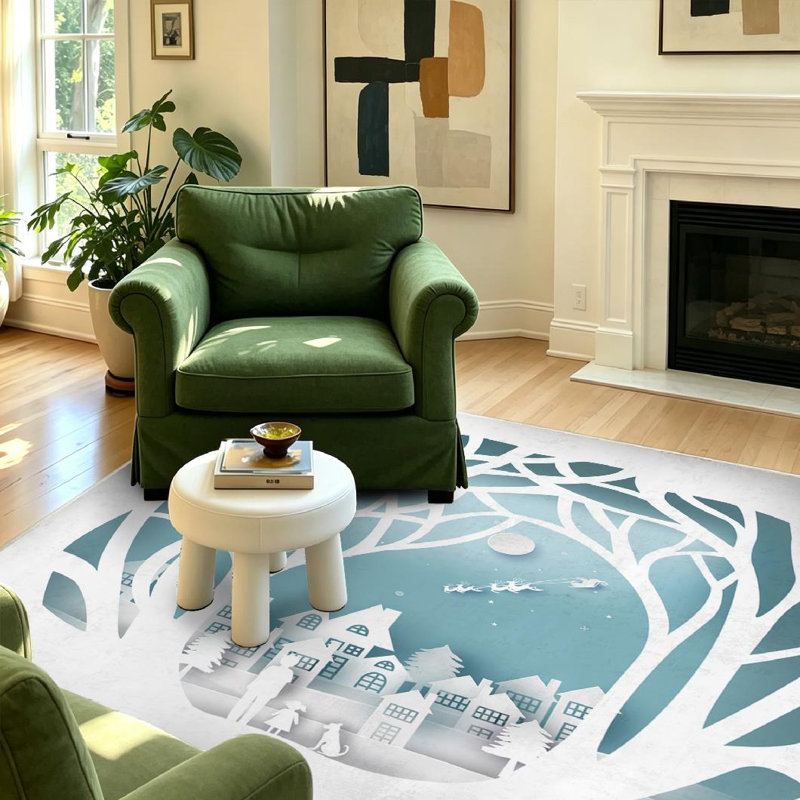 Tapis d'intérieur bleu lavable à la machine, motif paysage de Noël en papier., Rectangle 39 po x 63 po