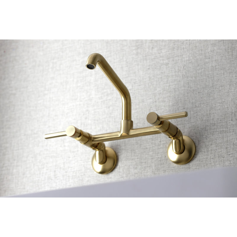 Kingston Brass Concord Double-Handle 2-Hole Wall-Mount Bridge Kitchen Faucet, Brushed Brass