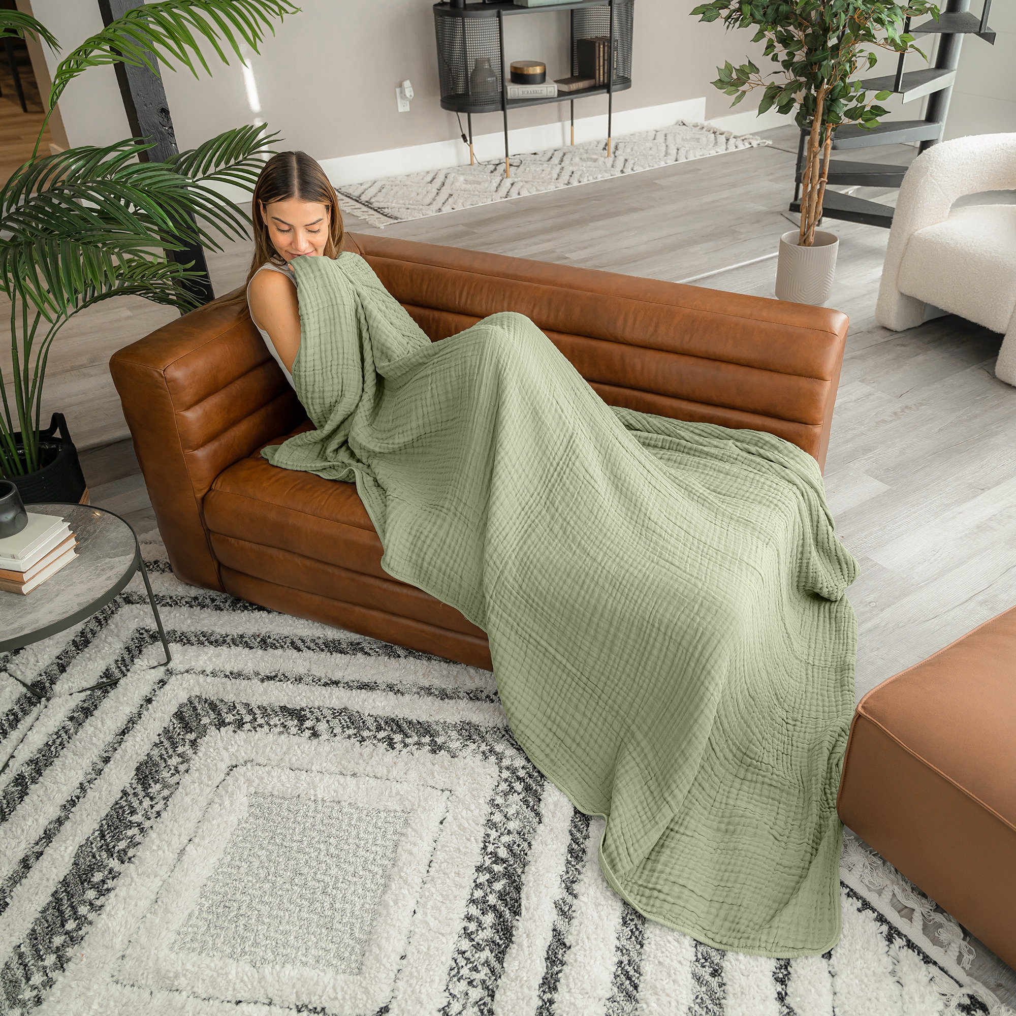Karlina Muslin Blanket, Sage, Throw