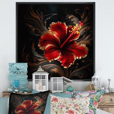 " Red Gorgeous Gilded Hibiscus On Black I "