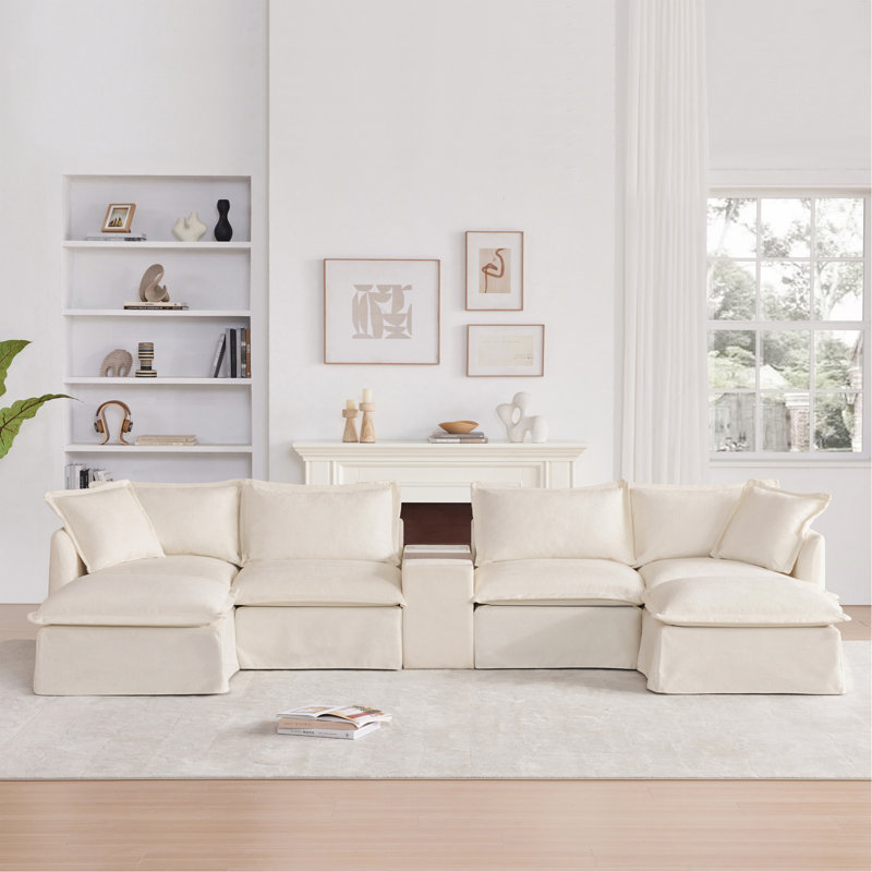 Canapé modulaire de 131 po avec repose-pieds mobile et console, porte-gobelet, siège large, canapé en U de 6 places, canapé en chenille surdimensionné avec chargeur USB pour le salon, appartement, 2 couleurs