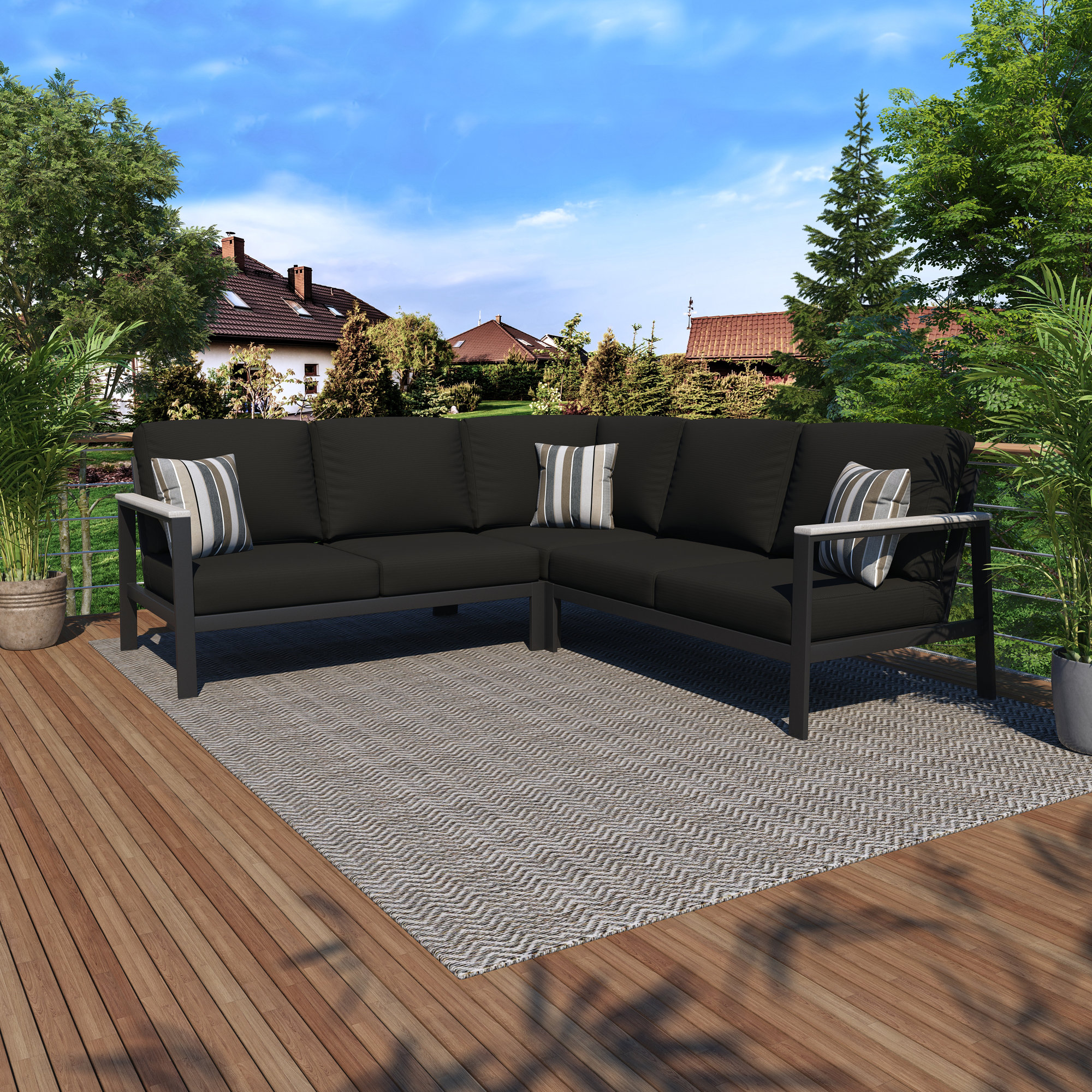 Townsend Outdoor 5 Person Sectional Seating Group With Sunbrella Cushions, Canvas Black Sunbrella® Canvas