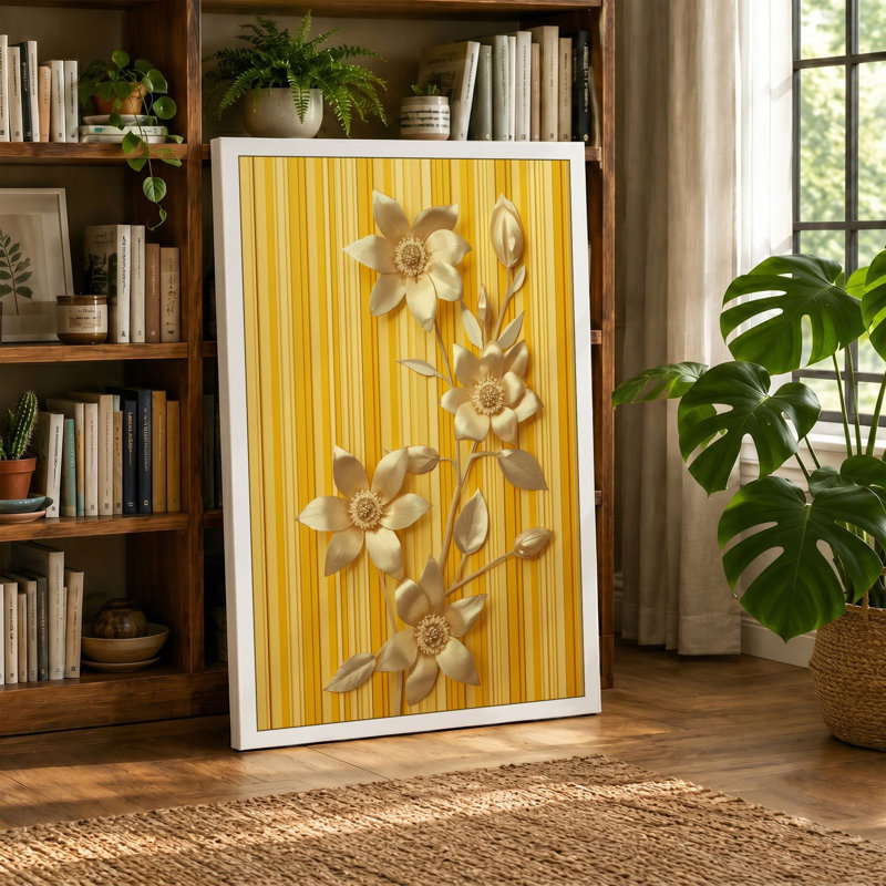 Daffodils Against Stripes Botanical - Wrapped Canvas, 36x24 - 91.4 x 61.0 cm, White Border