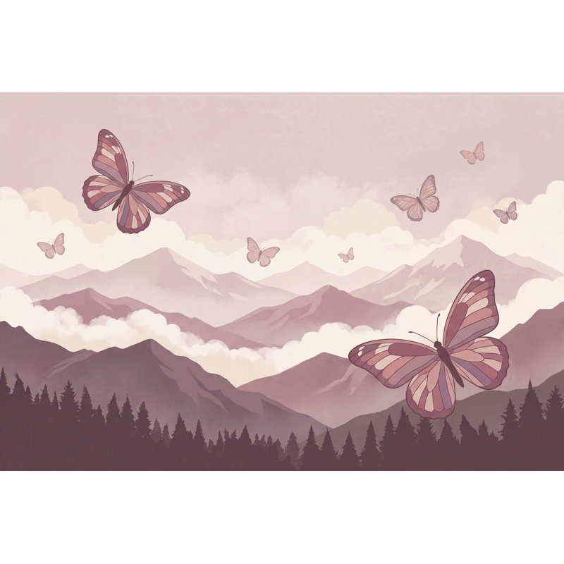 Papier peint Pastel Mountains Butterflies Misty Clouds, Non tissé, 200 po x 120 po