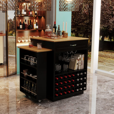 U-Style 73" Bar Cabinet & Bar Table With Extendable Countertop On Wheels, Wine Rack & Glass Holder, 1 Door, 5 Drawers & Side Storage, For Home Bar & Dining Room (Chairs Not Included)