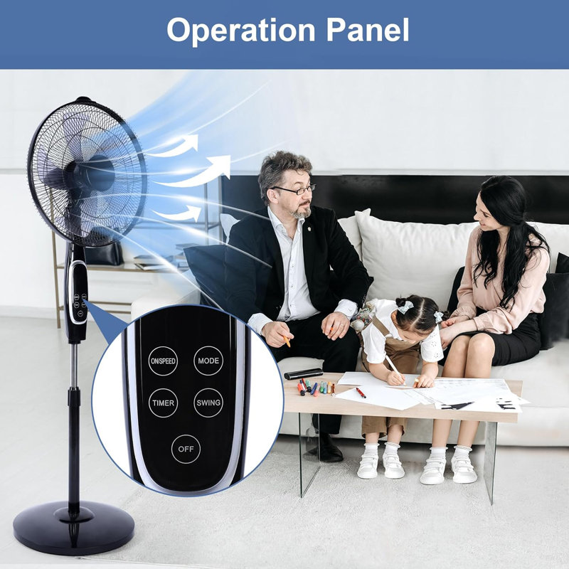 Black Adjustable Height Oscillating Floor Fan with Remote Control