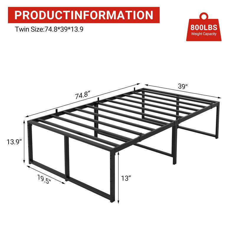 Structure de lit simple, structure en métal, structure de lit de soutien en acier 3-en-1, Twin