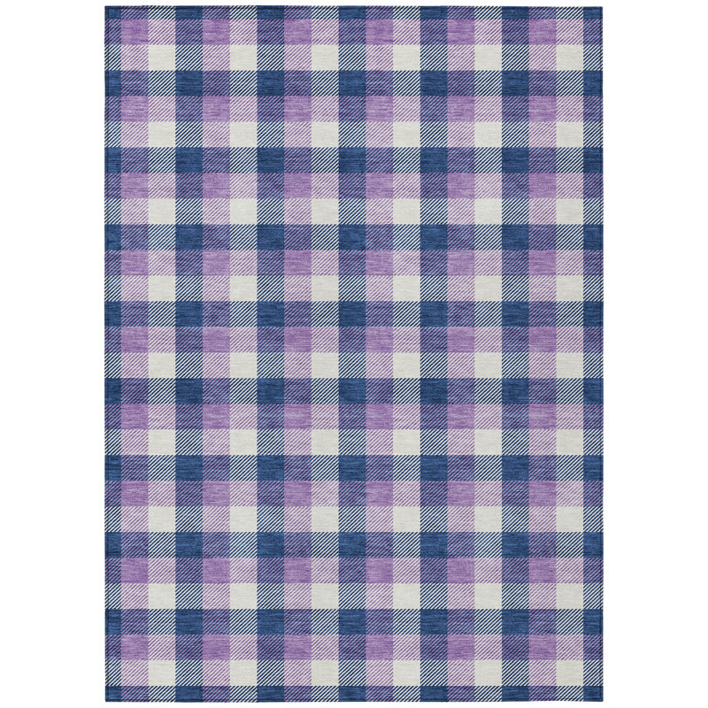 Navy and Purple Plaid Synthetic Washable Area Rug