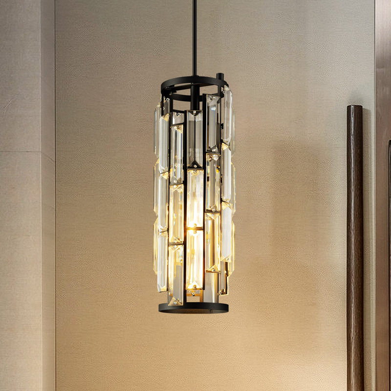 Taveyon Crystal Cylinder Pendant Lights Kitchen Island, Matte Black, 1 Light
