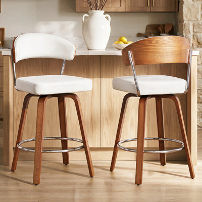 Ensemble de 2 tabourets de bar pivotants beiges de 26 po avec dossier et pieds en bois, tabourets de bar modernes en similicuir pour comptoir de cuisine