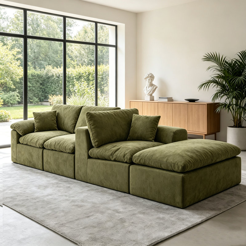 Canapé d'angle modulaire en forme de U Cloud de 330 cm, canapé 6 places en chenille avec 2 poufs amovibles, structure en mousse et ressorts, assise profonde avec coussins pour salon ou appartement, vert