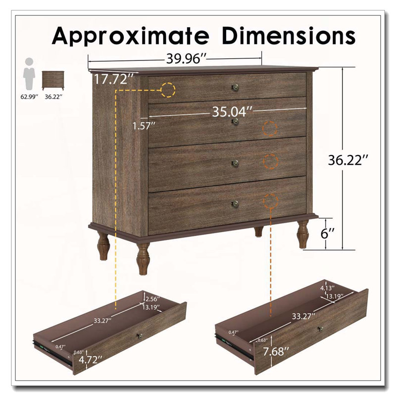 Large 4-Drawer Chest with Solid Wood Foot, Deep Rustic Brown