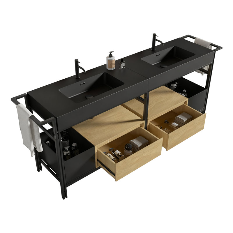 Meuble-lavabo 72 po avec lavabo en pierre artificielle, tiroirs et barre à serviettes ajustable Tharp, Noir mat