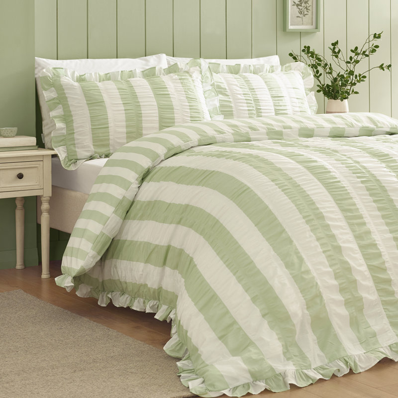 Seersucker Frill Stripe Duvet Cover Set, Single, Green