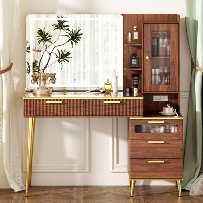  47.24" Big Modern Vanity Desk With Mirror And Lights,makeup Vanity Desk With 5 Drawers And Storage Shelves & Power Outlet