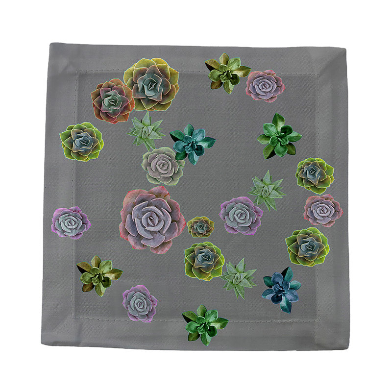 Succulents Floating Cotton Sateen Cocktail Napkins, Gray