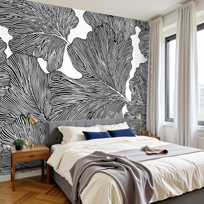 Peel and Stick Wallpaper Floral black white leaf fig white line drawing Wall Murals 100"H x 144"W Removable PVC Wall Paper Self-Adhesive Wall Paintings Art Decor for Bedroom Living Room