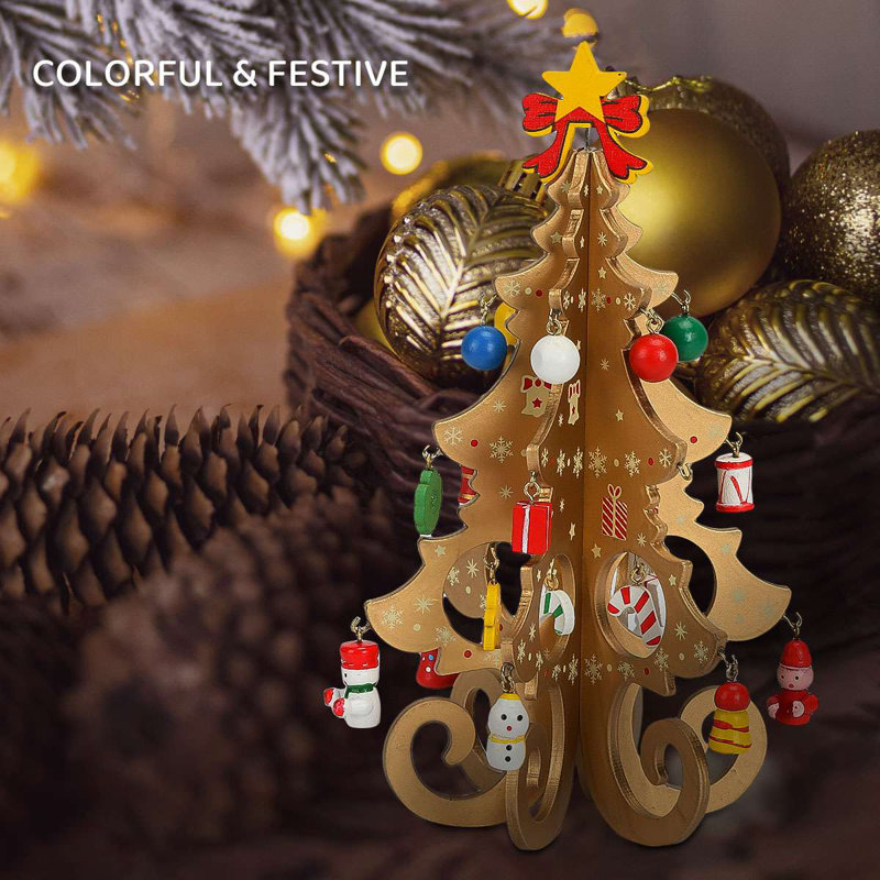 Ensemble d'arbre de Noël en bois avec mini décorations, Or
