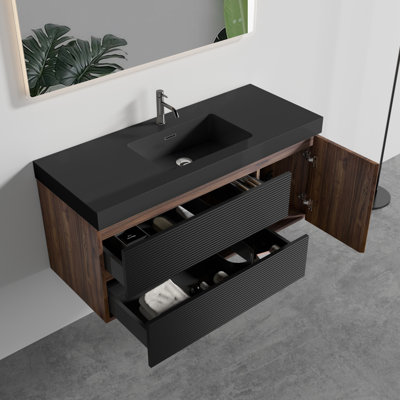 48" Modern Bathroom Vanity With Walnut Color, Matt Black Basin, 1 Door 2 Drawers, E1 Panel, E0 Water - Based Lacquer, High Edge Countertop 4.7 Inch Deep Sink, Easy To Install In And Black, Wall