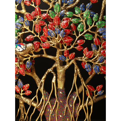 Art mural 34 po, arbre de vie coloré avec oiseaux - Laiton fabriqué à la main avec incrustation de pierre vibrante - Banyan sacré