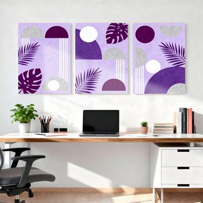 Purple Tropical Leaves and Geometric Shapes Abstract Canvas Wrapped Wall Art (Set of 3)