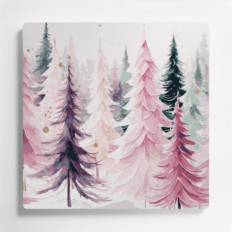Art mural en métal gris, arbres de Noël rose, H 32 po x l 32 po