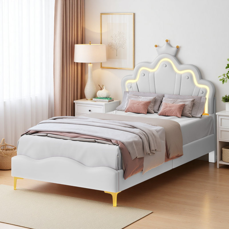 3' Single Upholstered Princess Bed with LED Light, White