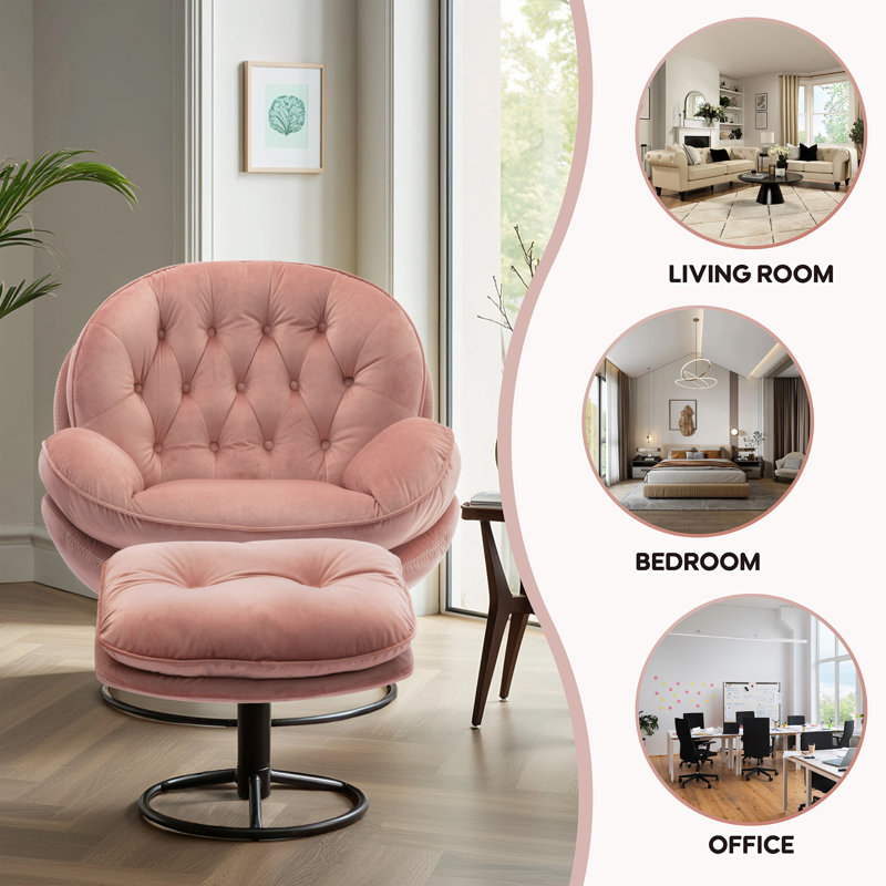 Anouk Tufted Back Type Swivel Base Accent Chair with Ottoman, Pink Velvet