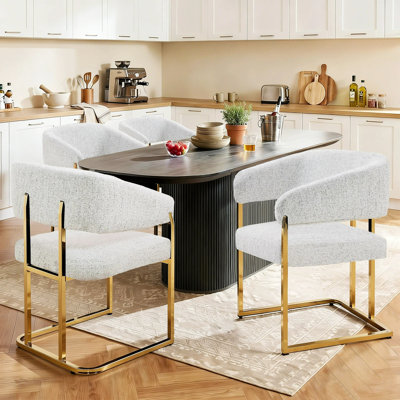 Modern 22" Seat Wide Metal Frame Chenille Upholstered Armchair Dining Chair (White)