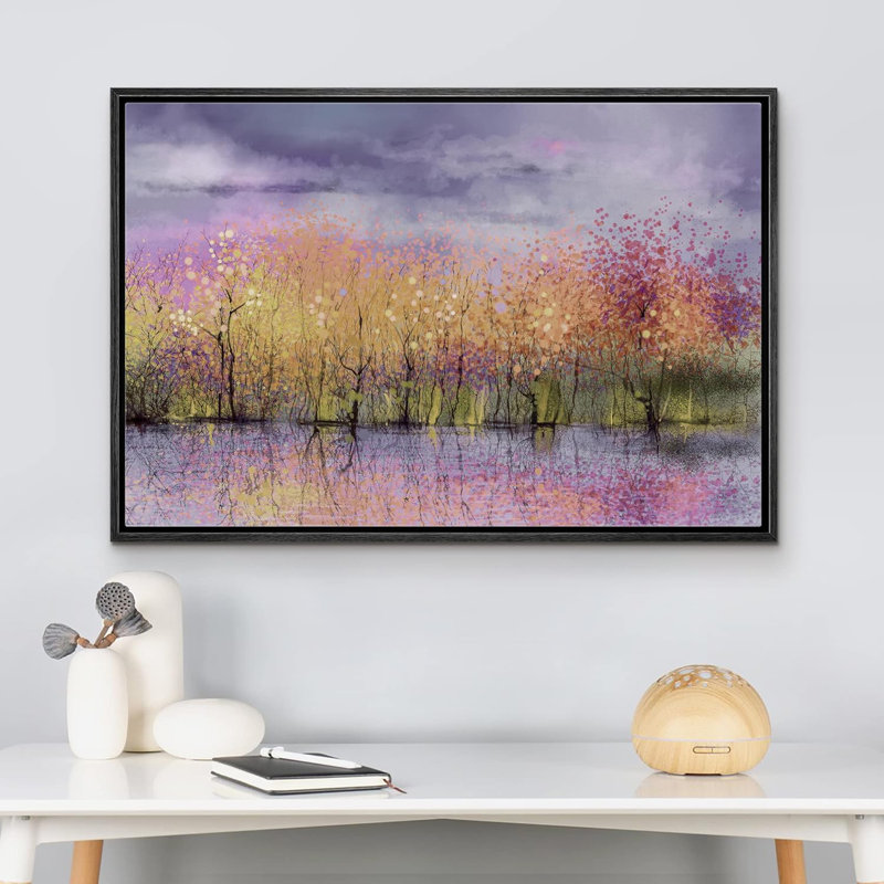 Abstract Forest " Purple Forest Reflection ", 16'' H x 24'' W, Black Framed