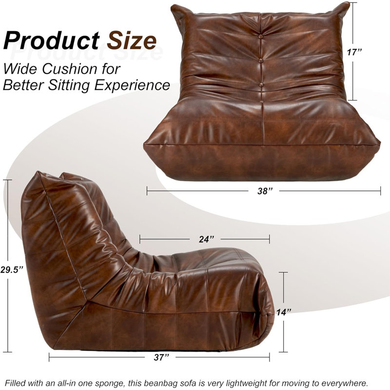 Bean Bag Chair Giant Bean Bag Sofa Memory Foam Bean Bag Chairs For Adults, Bean Bag Sofa Sack Faux Leather Bean Bag For Living Room Bedroom Dorm Office (Brown)