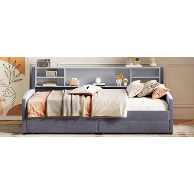 Gray Twin Upholstered Bed With Storage - Velvet Upholstery, Extra Space, Construction Platform In