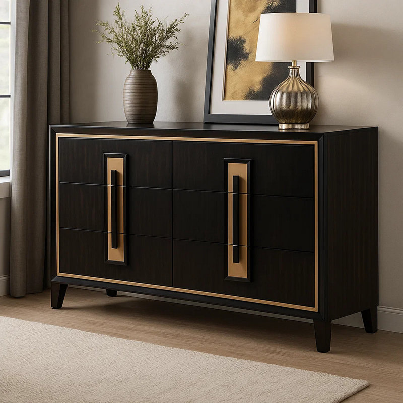 Grande commode Yada, 6 tiroirs, bois massif brun espresso, métal doré