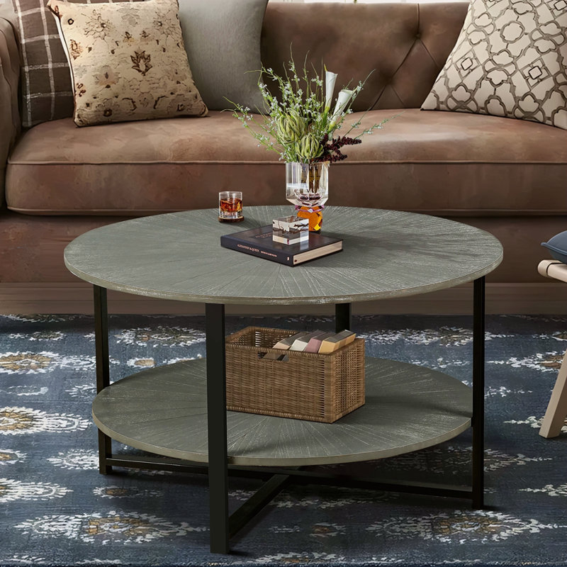 Table basse ronde de 31,5 po x l 31,5 po x H 18,3 po avec rangement à 2 niveaux, table basse de salon de style campagnard avec pieds en métal noir, effet de bureau patchwork facile à assembler