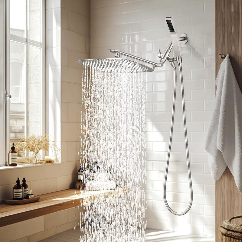 14" Dual Square Shower Head Combo, Rain Shower Head, 3-Way Diverter, 71" Extra Long Hose, Brushed Nickel