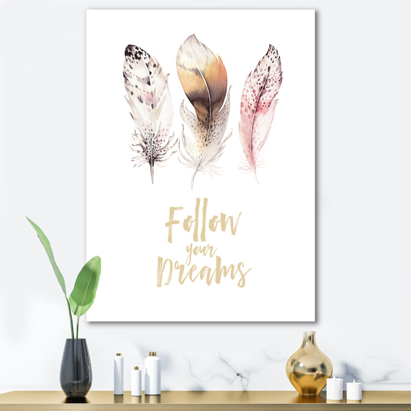Plumes de bohème multicolores «Follow Your Dreams» - Art textuel sur toile, H 32 po x l 16 po x P 1 po, Toile tendue
