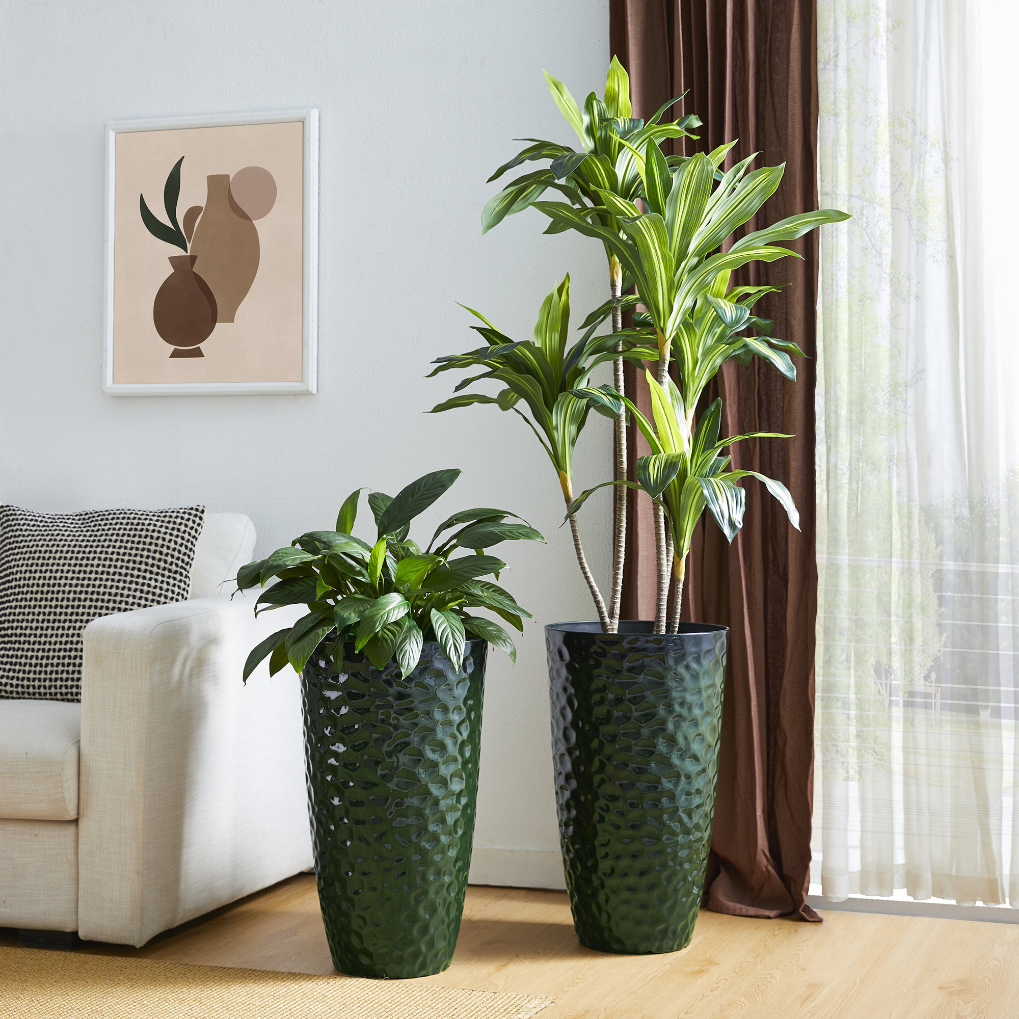 23.75"H Set Of 2 Oversized Eco-Friendly PP And Stone Honeycomb Textured Green Tall Plastic Planter, Green